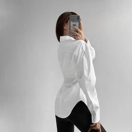 JOEVILU White Shirt Women’s Waist-defining Blouse Slim Fit Long Sleeve Tops Figure-hugging Office Shirts Korean Style Clothes