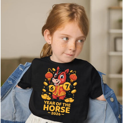 Year of The Horse 2026 Cute Kids Tshirt Zodiac Horse Shirt Lunar New Year Boy Girl T-Shirt Lucky Coins and Lanterns Printed Tee
