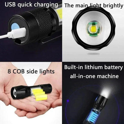 Mini LED Flashlight COB+XPE Portable Torch USB Charging Camping Lantern Zoomable Focus Light Tactical Flashlight with Pen Clip