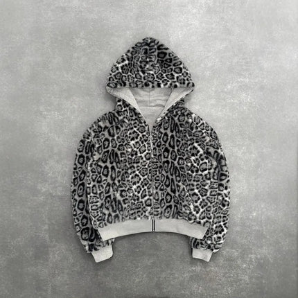 Gothic Harajuku Women Men Autumn Winter Reversible Hoodie Coat Casual Retro Leopard Print Zipper Hoodie Loose Black Grey Top
