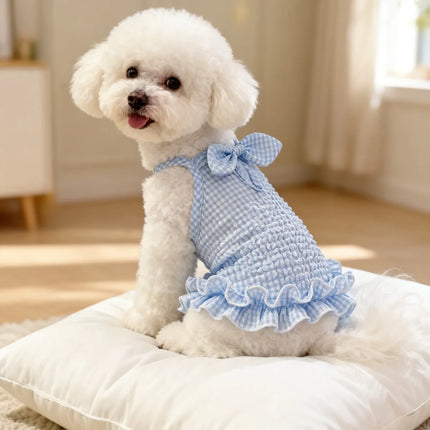Cute Checkered Bow Strappy Dress Pet Spring Lightweight Dog Cat Teddy Bear Summer Clothing
