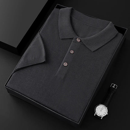 Men's T-shirt summer worsted wool sweater short-sleeved casual solid color men's clothes POLO collar knitted Tops loose Blouse
