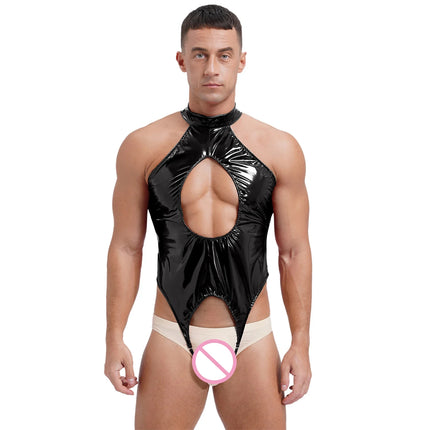 Mens Lingerie Latex Catsuit Wetlook Patent Leather Bodysuit One-piece Tempting Cut Out Crotchless Leotard Bodysuit Underwear