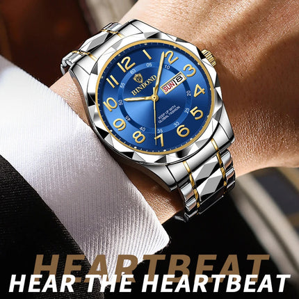 BINBOND Top Brand Luxury Men's Wristwatch Waterproof Luminous Date Week Men's Watches Stainless Steel Quartz Men's Watch Male reloj