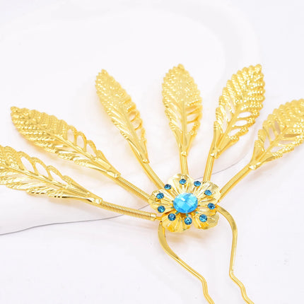 New Golden Alloy Leaf Crystal Flower Hairpin Hair Accessories for Women Thailand Ethnic Dance Party Decoration Headwear Jewelry