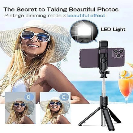 Live Streaming Bluetooth Wireless Selfie Stick Tripod Stand with Light Remote Extendable for iPhone Mobile Phone