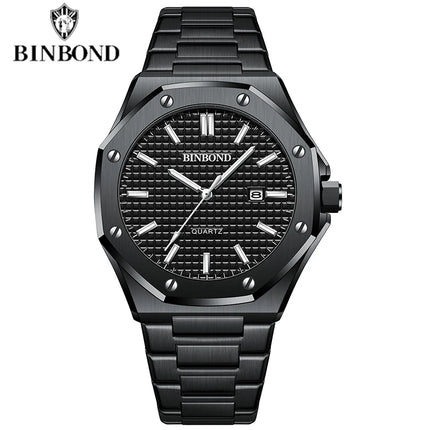 BINBOND Men's Watch Top Brand Royal Casual Men Big Dial Silver Stainless Steel Calendar Quartz Wristwatch Classic Luminous B0233
