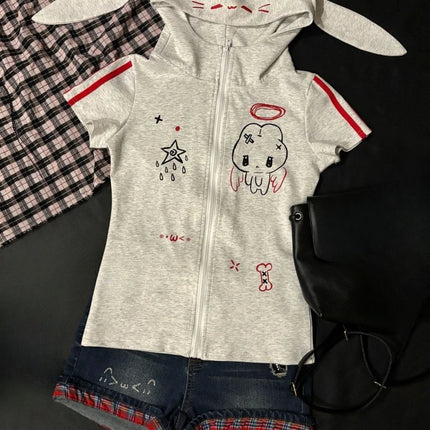 Summer Cartoon Printing Japanese Women Hoodies Preppy Style Rabbit's Ears Hooded Tops Y2K Aesthetic Slim Fit Tees Grunge