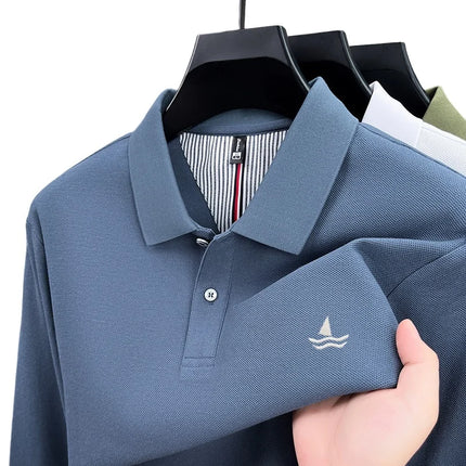 100% Pure Cotton Men's New Long Sleeve Polo Spring Business Golf Versatile Luxury Comfortable Delicate Sailboat Embroidered Top