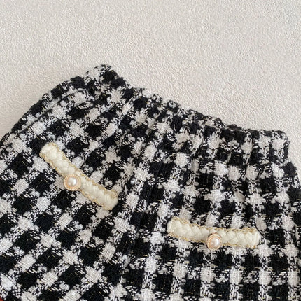 Spring and Autumn two-piece new baby girl black checkered long sleeved shirt with open top jacket and shorts