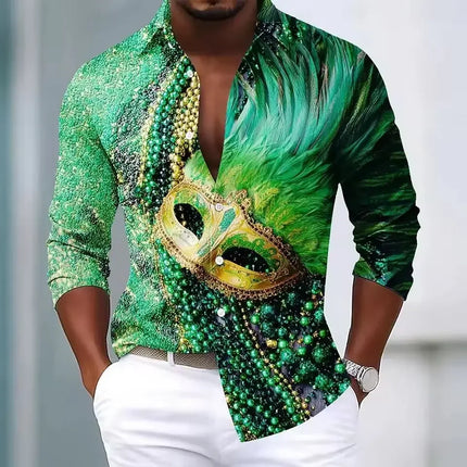 Mardi Gras Men's Carnival Beads Mask with Feathers Shirt Long Sleeve Fashion Casual Party Holiday 3D Print Button Up Shirts