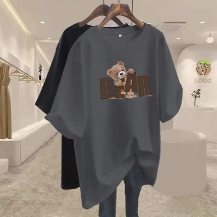 Summer Chic Letter Printing Bear T-shirt Women O-neck Short Sleeve Cotton Basic Top Tee Casual Loose Oversized Pullover 45-105Kg