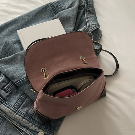 Elegant Shoulder Bag Metal Buckle Suede Leather Mix and Maillard Tones Flap Magnetic Snap Multifunction Crossbody for Commute