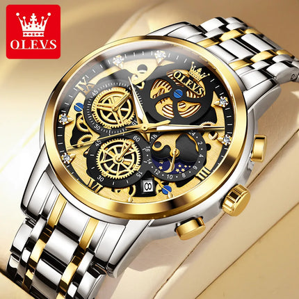 OLEVS 9947 Men's Watches Top Brand Luxury Original Waterproof Quartz Watch for Man Gold Skeleton Style 24 Hour Day Night New