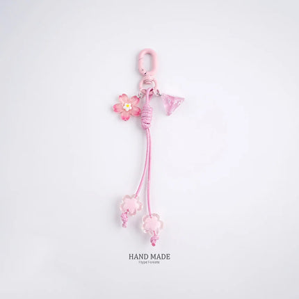 Cute Cherry Blossoms Pendant Keychain Creativity Heart Shape Beaded Woven Rope Small Bell Design Bag Hanging Piece Gift A227