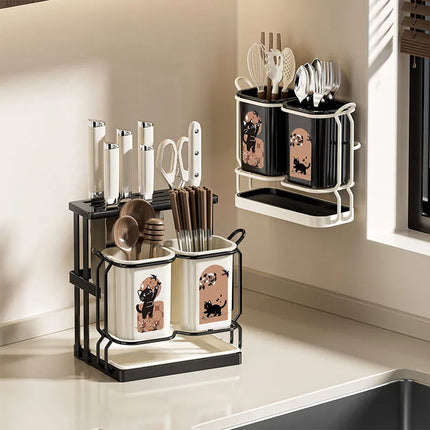 Kitchen Utensil & Knife Holder with Drain Tray Wall Mount Chopstick Cutlery Storage Rack for Countertop