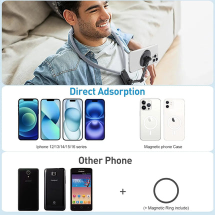 Magnetic Neck Phone Mount, Adjustable Chest Strap Neck Phone Holder for Recording, Hands Free POV/Vlog Phone Video Filming