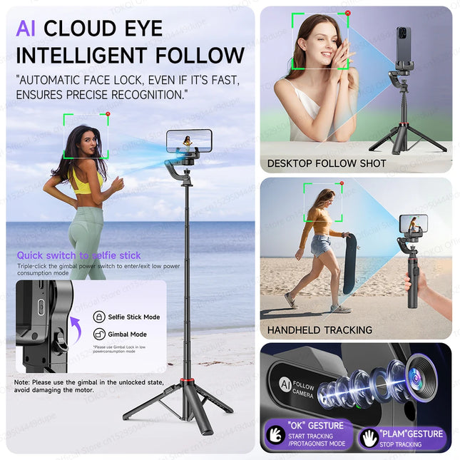 C22 AI Face Tracking Handheld Gimbal Stabilizer 360° Rotation Shoot Selfie Stick Tripod for Mobile Phone, 1/4'' Screw for Camera