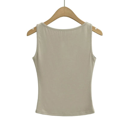 Women Double Layer Boat Neck Soft Slinky Tank Top