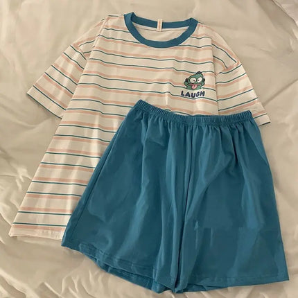 Hangyodon Pajama Cute Cartoon Originality Stripes Comfort T-shirt Shorts Summer New Fashion Delicate Personality Home Suit Set