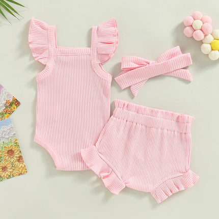 2021 Baby Summer Clothing Baby Girl Tops, Lace Up Pants Suit, Square Neck Short Ruffle Sleeve Romper, Loose Flouncing Shorts