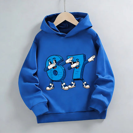 Boys & Girls Gray Anthropomorphic Number 67 Print Hoodie | Cute & Cool Casual Hooded Top