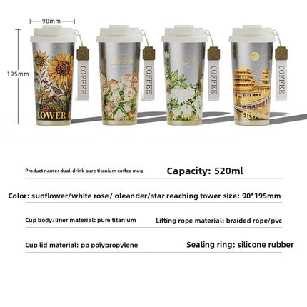 100% Pure Titanium Couples Coffee Mug - 520ml  Cup, Compact Portable for Office/Outdoor/Travel, Coffee Heat Retention