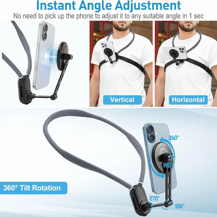 Magnetic Neck Phone Mount, Adjustable Chest Strap Neck Phone Holder for Recording, Hands Free POV/Vlog Phone Video Filming