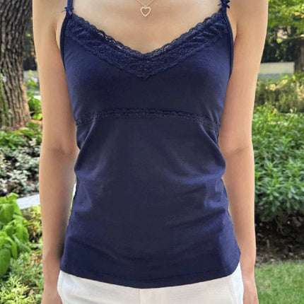 Navy Bow Lace Trim Slim Tank Top Women Sexy V Neck Cotton Sleeveless Cropped Vest Casual Vintage Sweet Summer Crop Top Y2k Camis