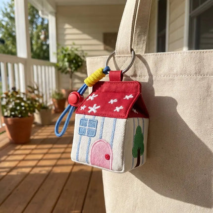 Kawaii Large Capacity Cartoon House Earphone Bag Mini Embroidery Storage Bag Red Polyester Coin Purse Women