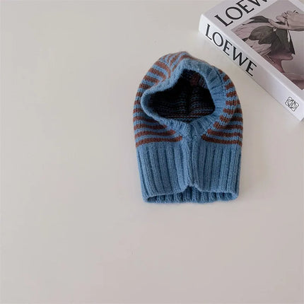 Winter Korean Fashion Children Baby Knit Hooded Scarf Caps Warm Stripe One Piece Hat Kids Accessories