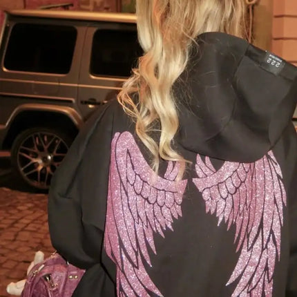 Black Oversized Hoodie Women Pink Sequin Angel Wings Back Graphic Heavy Glitter Sparkly Detail  Casual Fashion Pullover Jacket