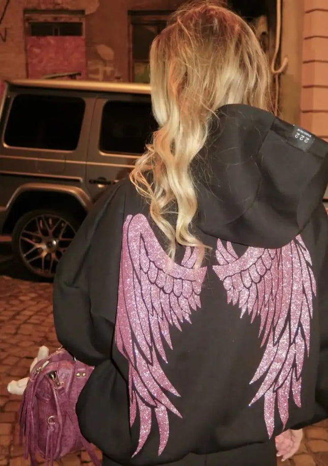 Black Oversized Hoodie Women Pink Sequin Angel Wings Back Graphic Heavy Glitter Sparkly Detail  Casual Fashion Pullover Jacket