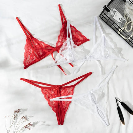 2Pcs/Set Women's Sexy Lace Transparent Lingerie Set Bikini Low-Waisted Thong Pants Dating Pajama Set