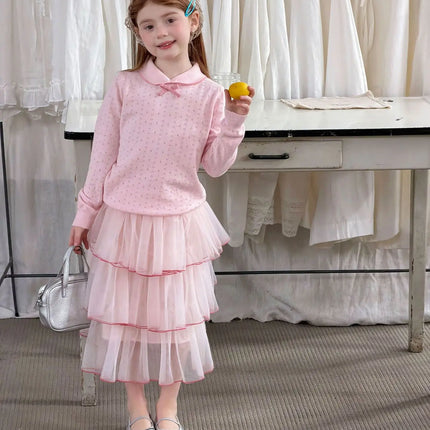 2026 Spring Sweet Preppy Style Girls Blouse Pink Peter Pan Collar Bow Openwork Knit Top Soft Long Sleeve Children Tee
