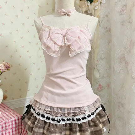 Sweet Dresses 3Piece Set Y2k 90s Crop Top Kawaii Sexy Harajuku Japanese Sling+Top+Mini Skirt lace Slim Summer Fashion Dress Chic