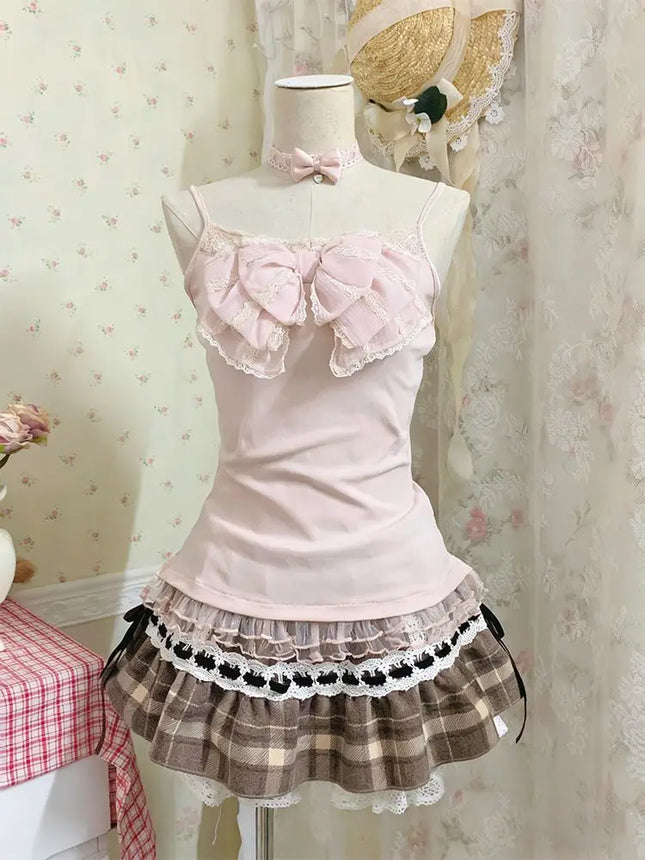 Sweet Dresses 3Piece Set Y2k 90s Crop Top Kawaii Sexy Harajuku Japanese Sling+Top+Mini Skirt lace Slim Summer Fashion Dress Chic
