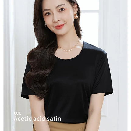 Summer High-End Women's Short Sleeve T-Shirt Acetate Fabric Knitted European Style Thin Hot Selling Top for Ladies