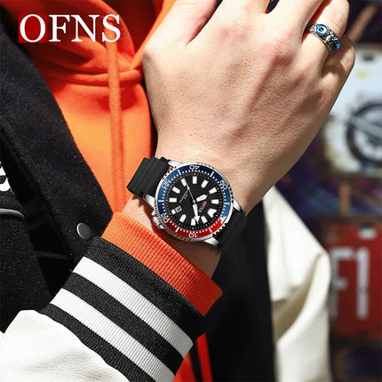 OFNS High Quality Fashion Men's Quartz Watch Calendar Luminous Display 50M Waterproof Luxury Watches Rubber Strap Men's Watch