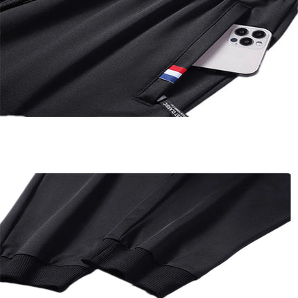 2-piece Black Pants Autumn Men's Stretch Belt Zipper Pocket Jogging Elastic Cotton Fitness Sport Suitable Gym Hiking Daily Wear