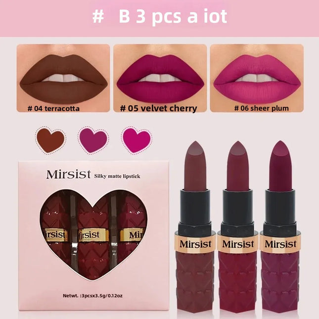 3PCS Matte Velvet Lipstick Set Waterproof Long Lasting Non Fade Moisturizing Lip Gloss Not Stick Cup