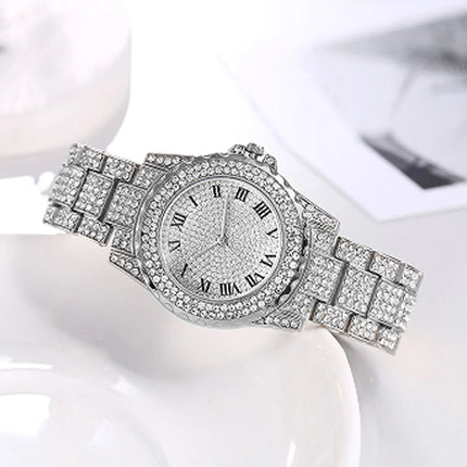 Star-studded stainless steel bracelet diamond-encrusted hip-hop men's watch with water crystal Roman numerals and date display