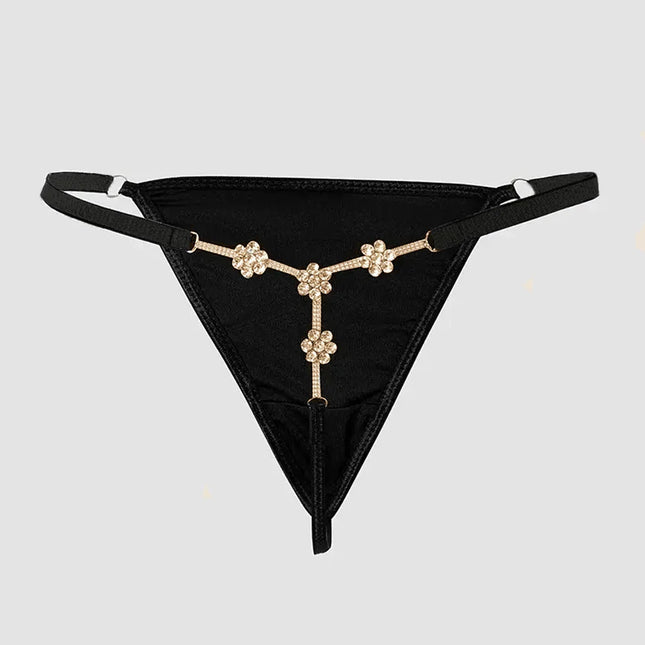 Sexy Briefs Flowers Crystal Bikini Thong Underwear for Women Banquet Bling Gift Rhinestone Lace Back Panties Body Jewelry Party