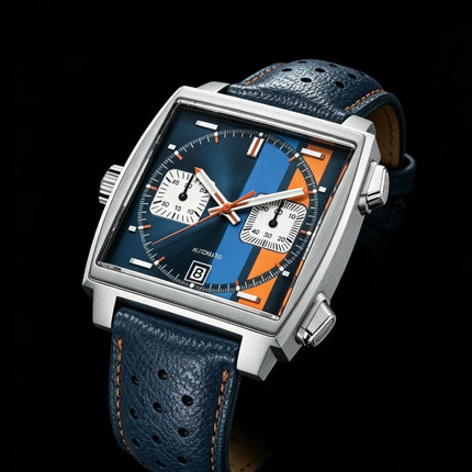 White Black Blue Leather Square Men Watch, VK63 Quartz Chronograph Wristwatch with Sapphire Crystal