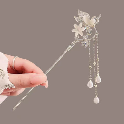Pink Flower Butterfly Hair Pin Pearls Hair Sticks Forks Gold Color Alloy Headpiece Women Girls Hanfu Dress Chinese Hair Jewelry