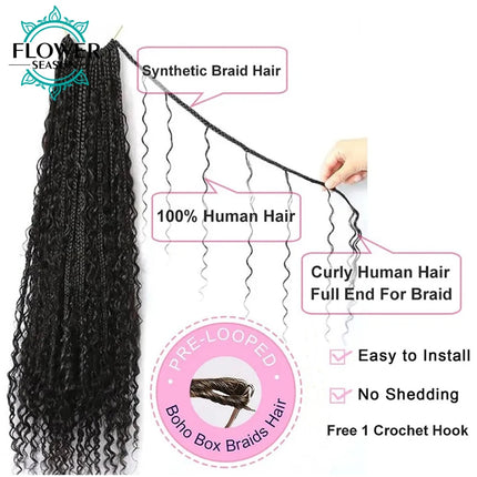 Pre-Looped Crochet Boho Box Braids With Human Hair Curls Goddess Boho Braiding Hair Extension 120strands Full Head Natural Color