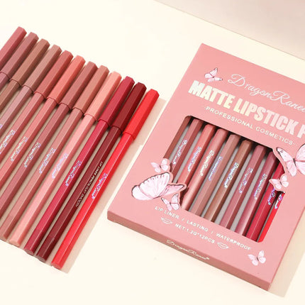 12-Piece Lip Liner Set Velvet Matte Matte Waterproof and Sweat-Proof Non-Fading Lipstick Autumn and Winter Whitening Complexion Long-Lasting Lip Liner