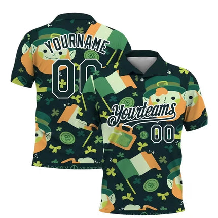 Customizable Name And Number Men'S St. Patrick'S Day Polo Shirt Green Clover Print Casual Short Sleeve Button Up Polo Shirts