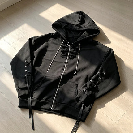 Gothic Style Hooded Zipper Cardigan Sweatshirt Women's Long Sleeve Lace Decoration Loose Lace up Jacket Summer New