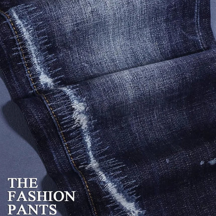 Fashionable Men's Deep Blue Jeans with Scratches, Washed Water, Nostalgic Stretch, Slim Fit, Painted Jeans, Designer High Street